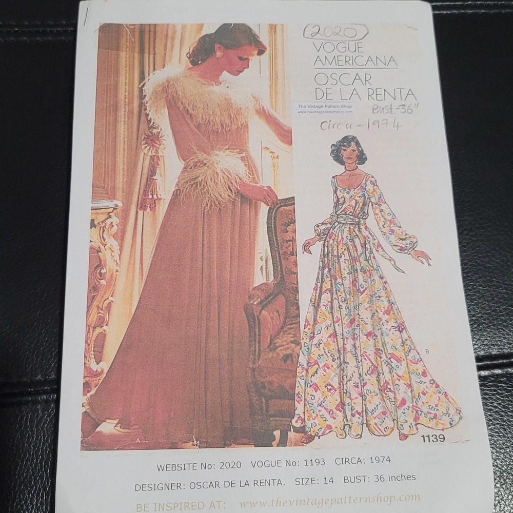 Oscar de la Renta Vogue 1139 Sewing Pattern 1974 Evening Gown Uncut Size 14